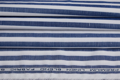 Linen Cotton Blend, Yarn Dyed Stripe, Plain,White And BlueMen And Women, Unstitched Shirting Or Top Fabric