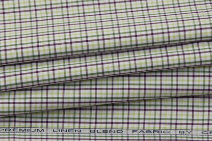 Linen Cotton Blend, Yarn Dyed Checks, Plain,White And Green And VioletMen And Women, Unstitched Shirting Or Top Fabric