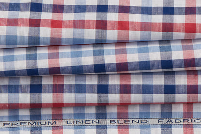 Linen Cotton Blend, Yarn Dyed Checks, Plain,White And Blue And RedMen And Women, Unstitched Shirting Or Top Fabric