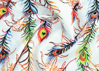 Linen Cotton Blend,Digital Print,Plain,White And Multi Colour Feather, Men And Women, Unstitched Shirting Or Top Fabric