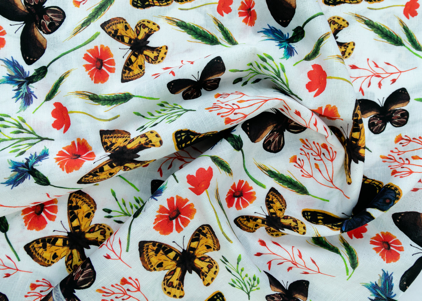 Linen Cotton Blend,Digital Print,Plain,White And Multi Colour Butterfly, Men And Women, Unstitched Shirting Or Top Fabric