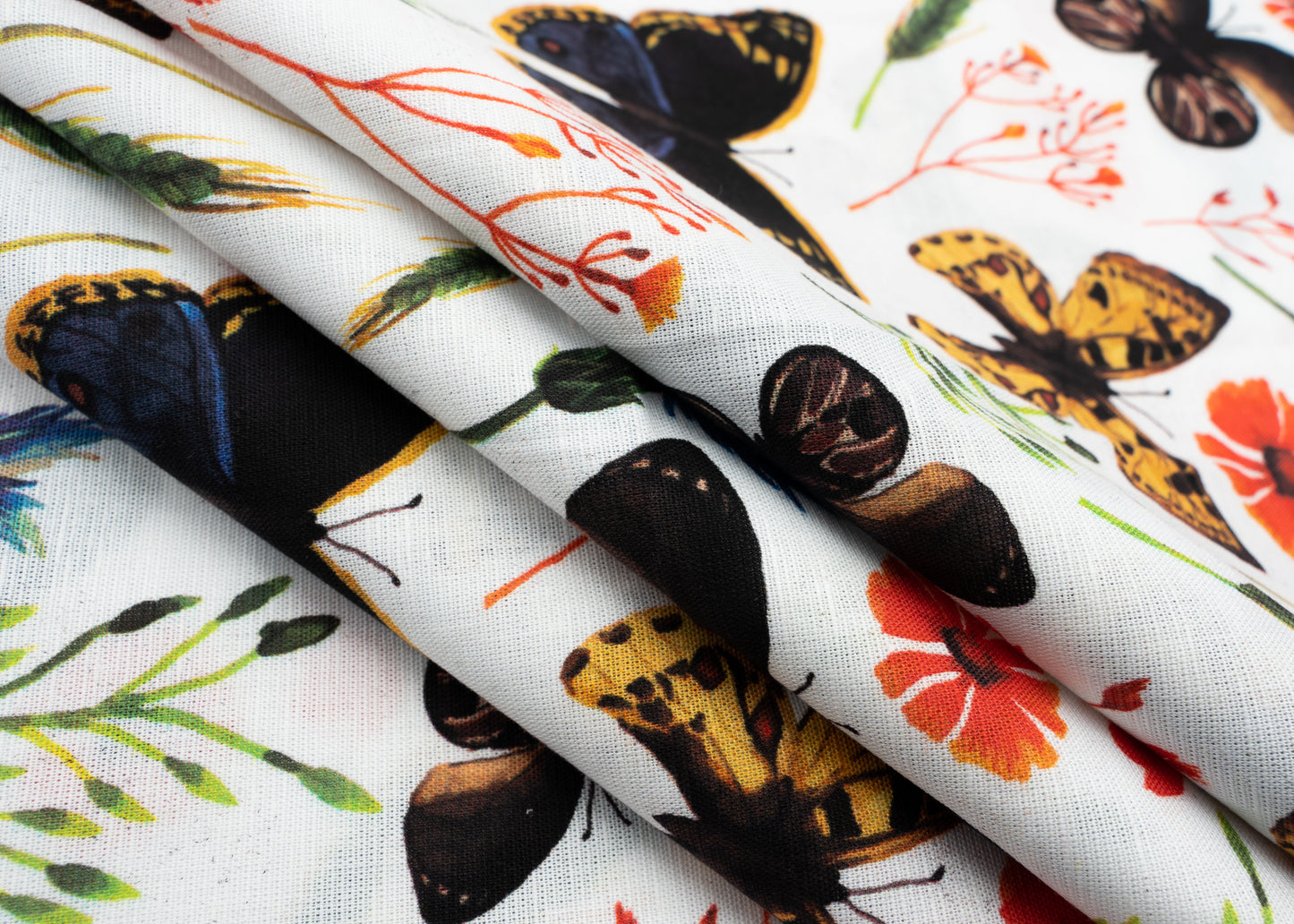 Linen Cotton Blend,Digital Print,Plain,White And Multi Colour Butterfly, Men And Women, Unstitched Shirting Or Top Fabric