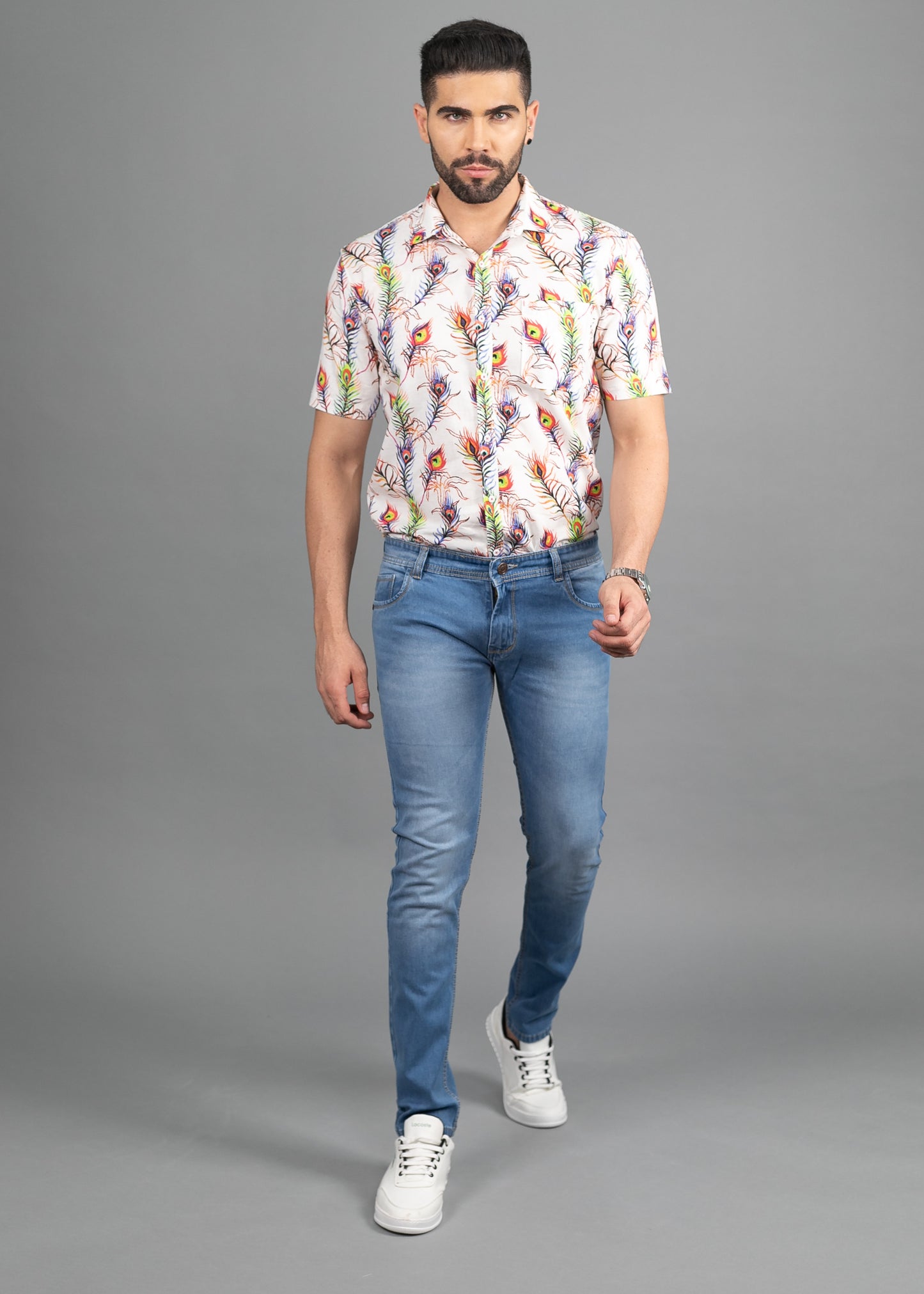 Linen Cotton Blend,Digital Print,Plain, Half Sleeves,Semi Slim FitWhite And Multi Colour Feather, Men,Shirt