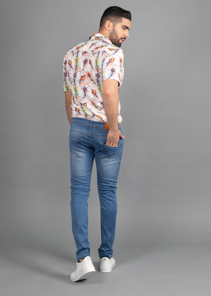 Linen Cotton Blend,Digital Print,Plain, Half Sleeves,Semi Slim FitWhite And Multi Colour Feather, Men,Shirt