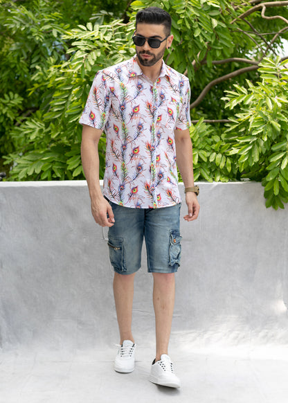 Linen Cotton Blend,Digital Print,Plain, Half Sleeves,Semi Slim FitWhite And Multi Colour Feather, Men,Shirt