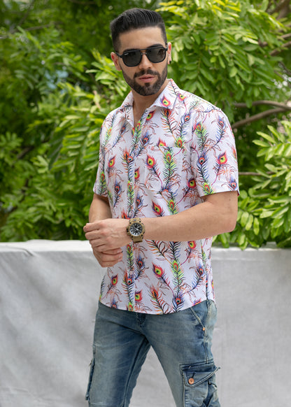 Linen Cotton Blend,Digital Print,Plain, Half Sleeves,Semi Slim FitWhite And Multi Colour Feather, Men,Shirt
