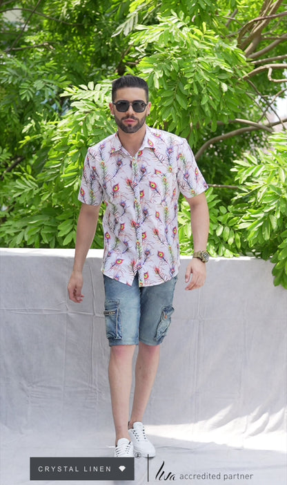 Linen Cotton Blend,Digital Print,Plain, Half Sleeves,Semi Slim FitWhite And Multi Colour Feather, Men,Shirt