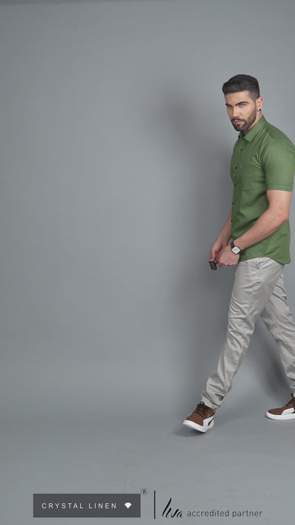 Linen Cotton Blend,Piece Dyed,Plain, Half Sleeves,Semi Slim Fit Mehendi, Men,Shirt